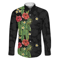 Hawaiian Hibiscus Plumeria Family Matching Off The Shoulder Long Sleeve Dress and Hawaiian Shirt Tropical Leaves