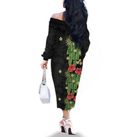 Hawaiian Hibiscus Plumeria Family Matching Off The Shoulder Long Sleeve Dress and Hawaiian Shirt Tropical Leaves