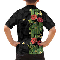 Hawaiian Hibiscus Plumeria Family Matching Off Shoulder Short Dress and Hawaiian Shirt Tropical Leaves
