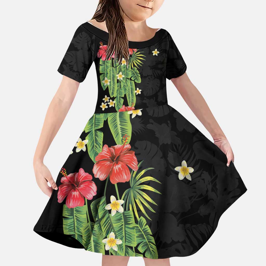 Hawaiian Hibiscus Plumeria Family Matching Short Sleeve Bodycon Dress and Hawaiian Shirt Tropical Leaves