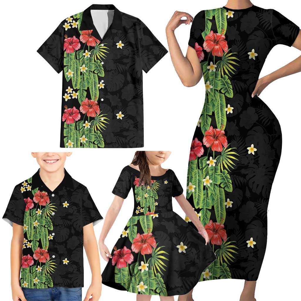 Hawaiian Hibiscus Plumeria Family Matching Short Sleeve Bodycon Dress and Hawaiian Shirt Tropical Leaves