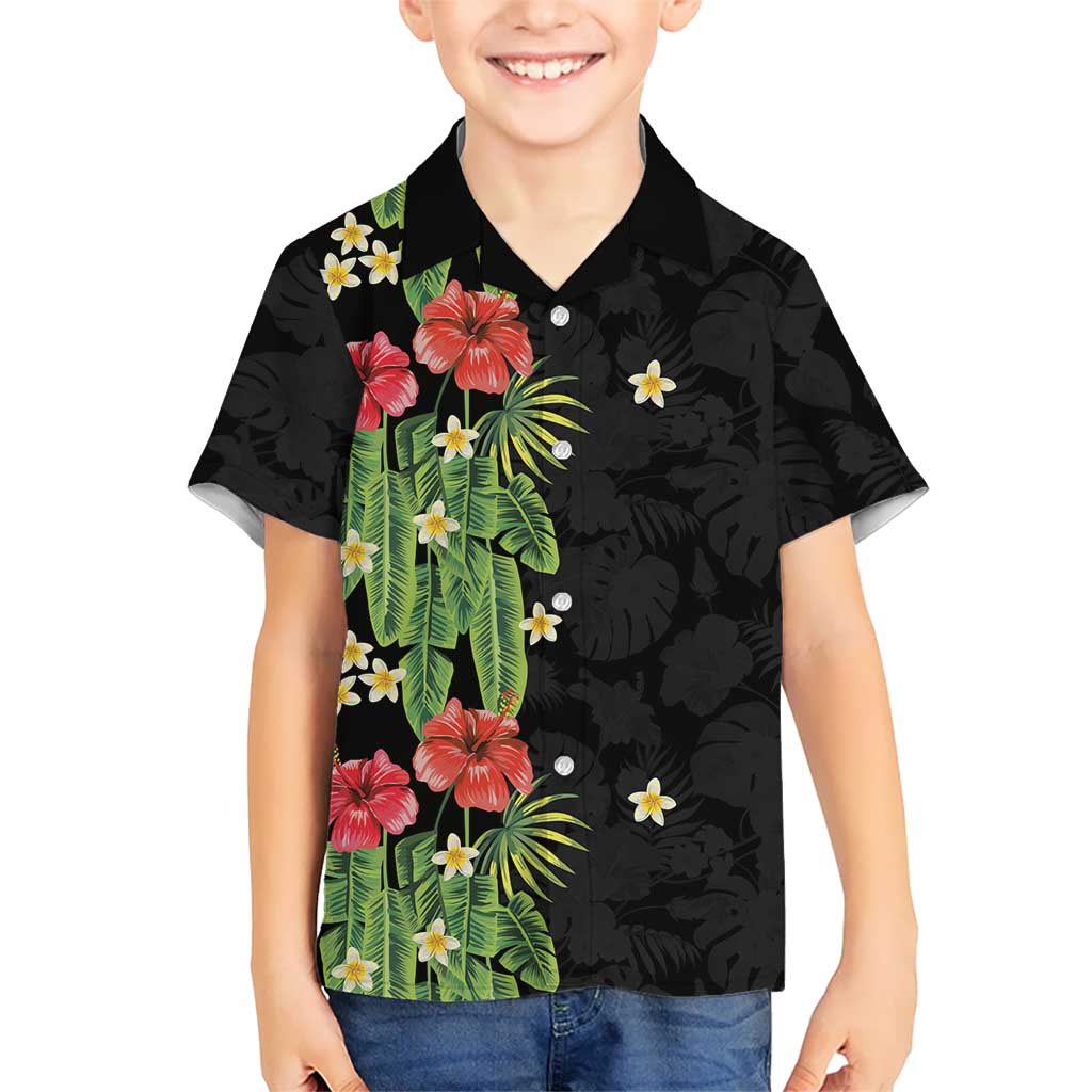Hawaiian Hibiscus Plumeria Family Matching Short Sleeve Bodycon Dress and Hawaiian Shirt Tropical Leaves