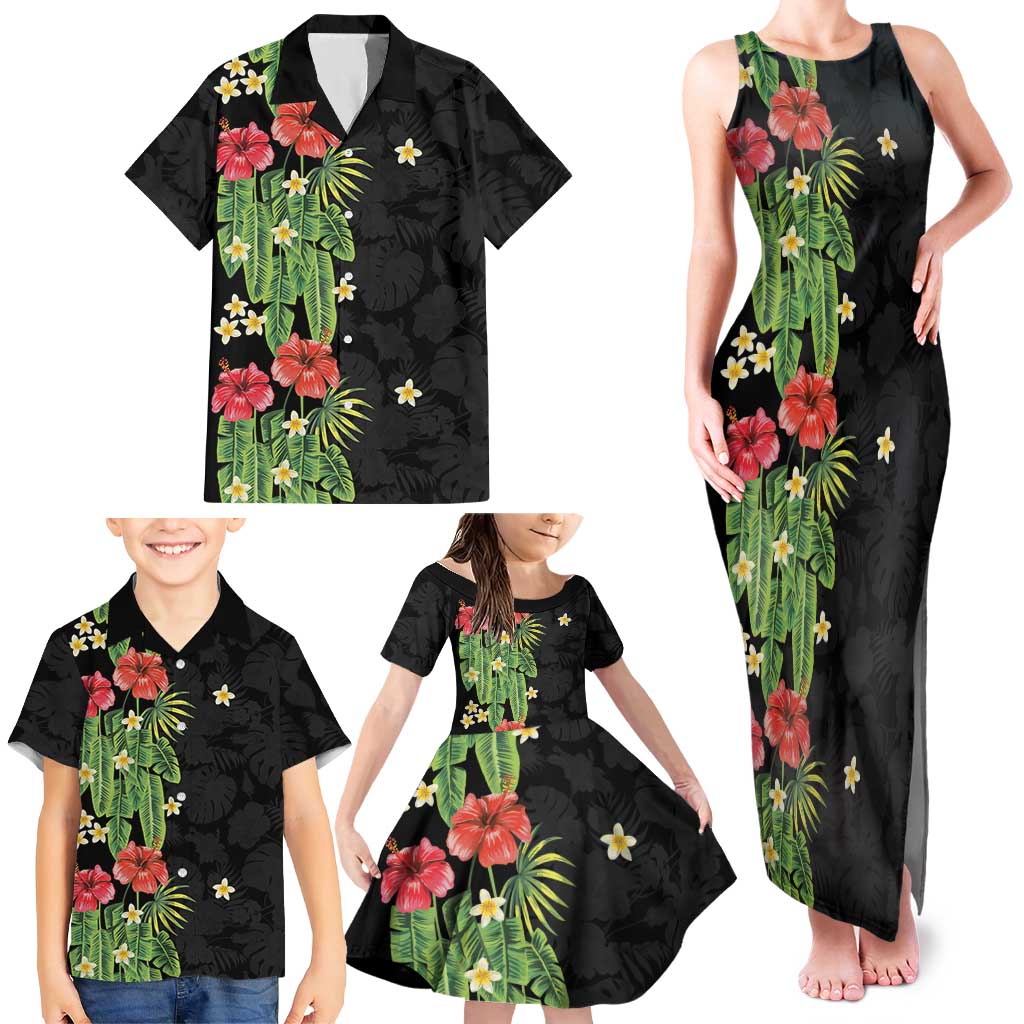 Hawaiian Hibiscus Plumeria Family Matching Tank Maxi Dress and Hawaiian Shirt Tropical Leaves