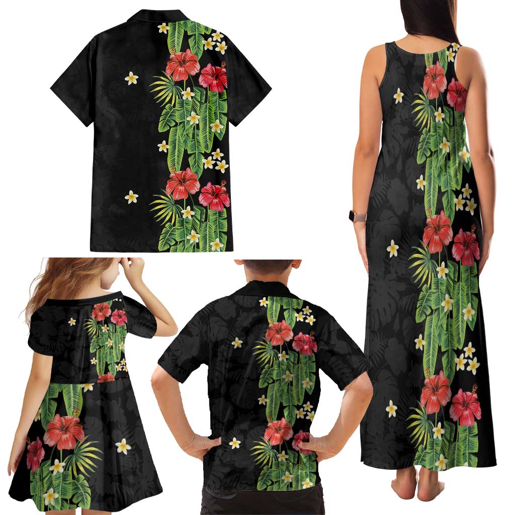 Hawaiian Hibiscus Plumeria Family Matching Tank Maxi Dress and Hawaiian Shirt Tropical Leaves