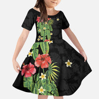 Hawaiian Hibiscus Plumeria Kid Short Sleeve Dress Tropical Leaves LT01 KID Black - Polynesian Pride