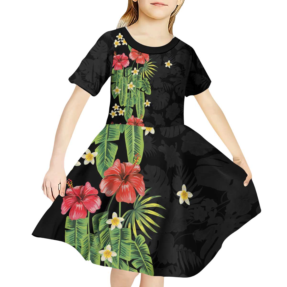 Hawaiian Hibiscus Plumeria Kid Short Sleeve Dress Tropical Leaves LT01 - Polynesian Pride
