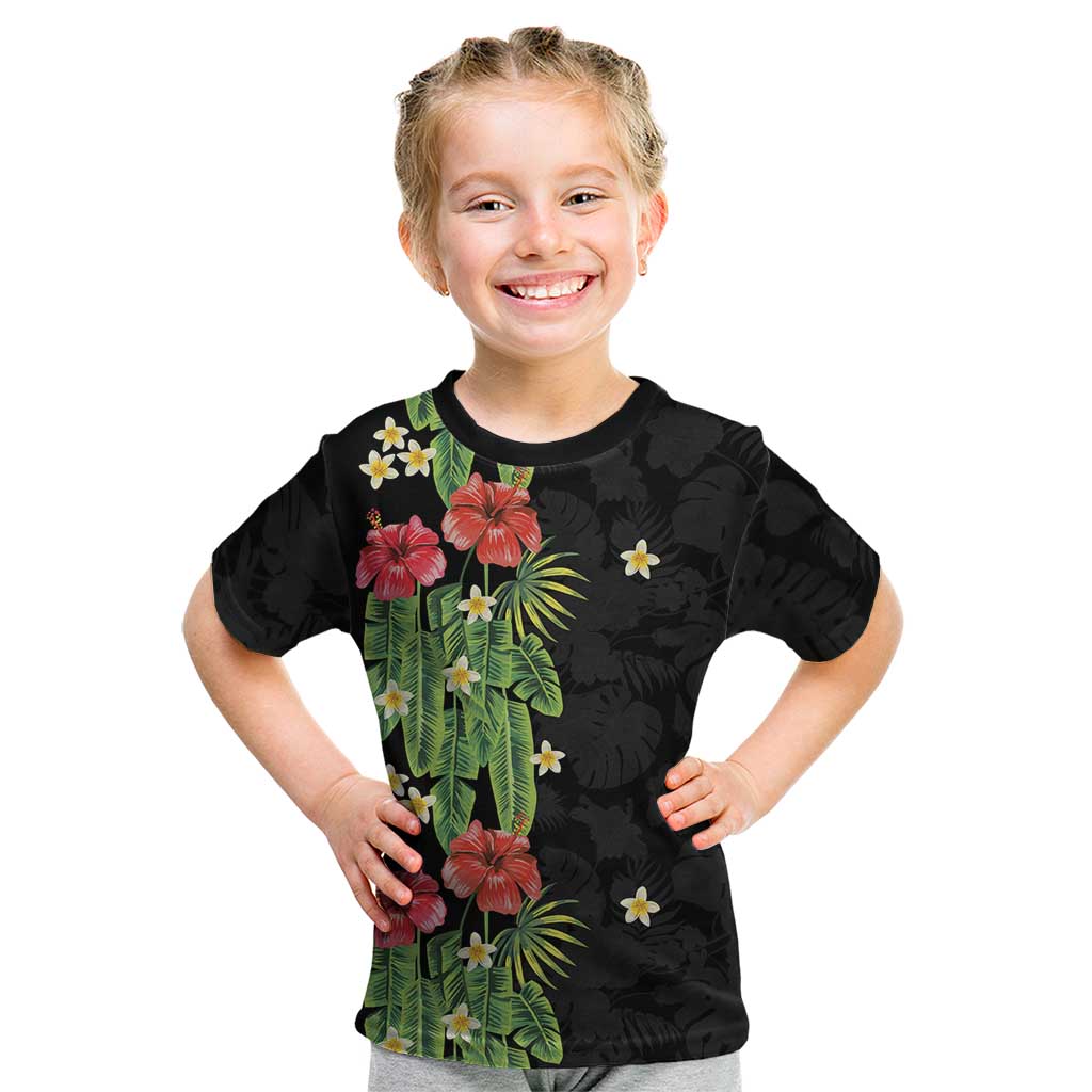 Hawaiian Hibiscus Plumeria Kid T Shirt Tropical Leaves LT01 Black - Polynesian Pride