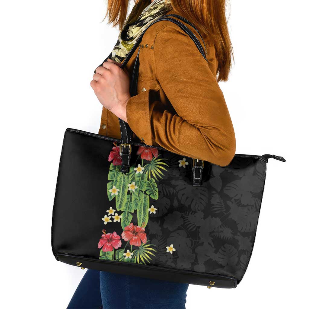 Hawaiian Hibiscus Plumeria Leather Tote Bag Tropical Leaves
