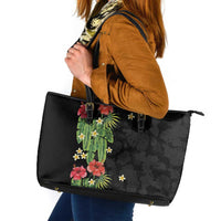 Hawaiian Hibiscus Plumeria Leather Tote Bag Tropical Leaves