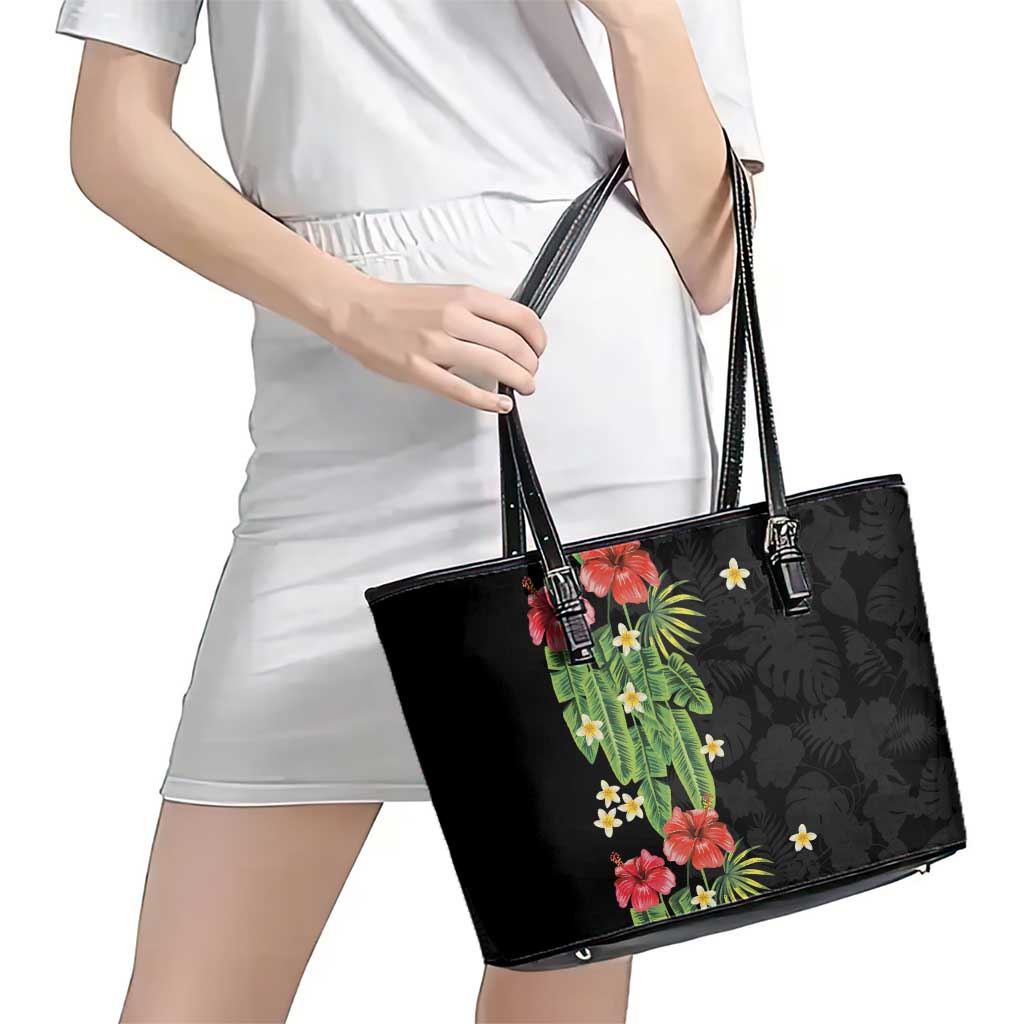 Hawaiian Hibiscus Plumeria Leather Tote Bag Tropical Leaves