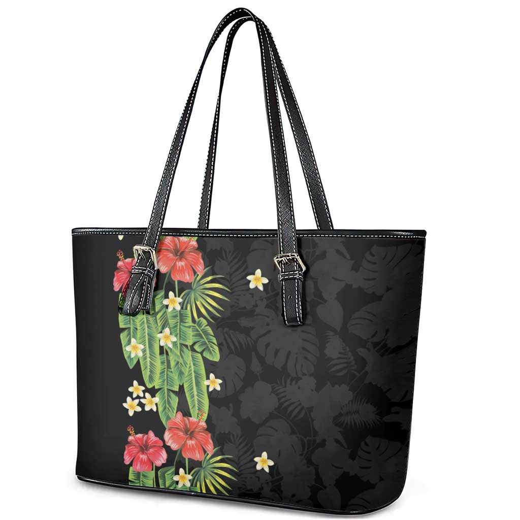 Hawaiian Hibiscus Plumeria Leather Tote Bag Tropical Leaves