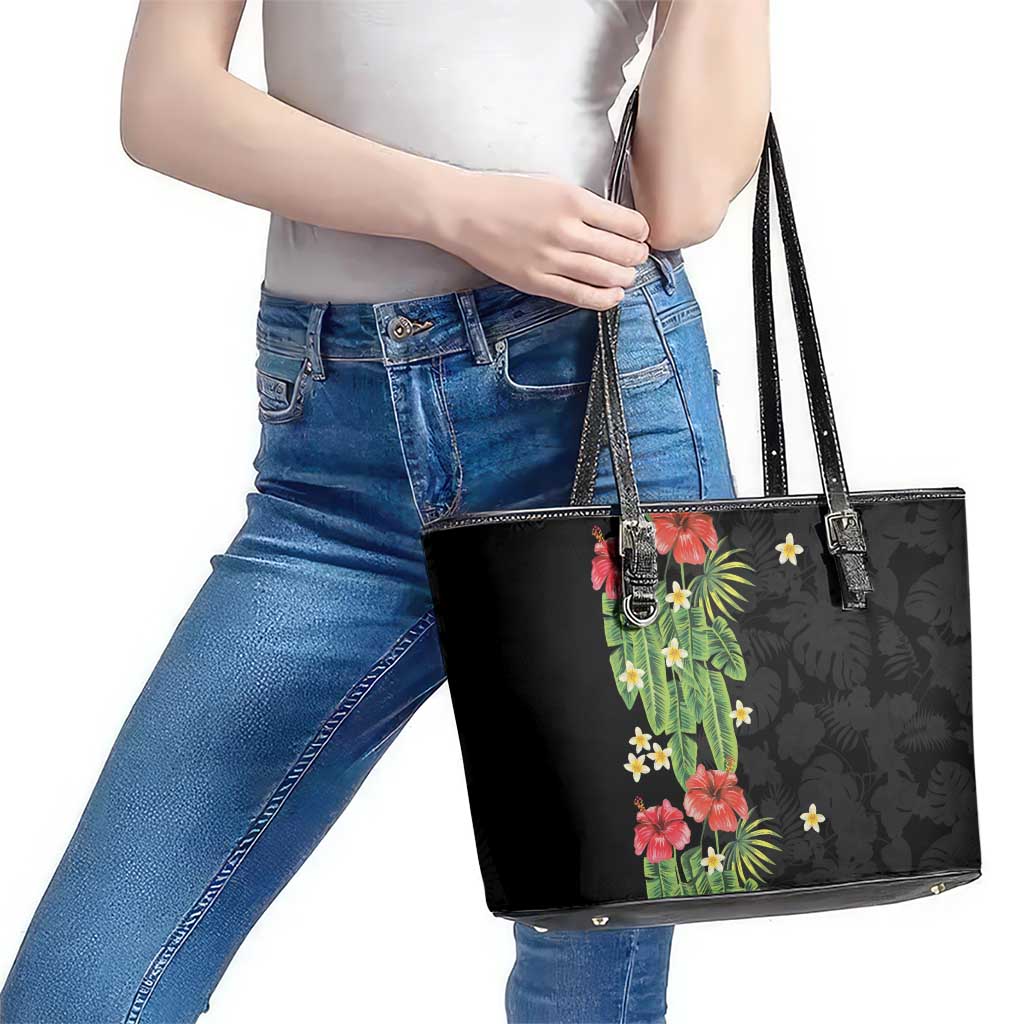 Hawaiian Hibiscus Plumeria Leather Tote Bag Tropical Leaves