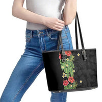 Hawaiian Hibiscus Plumeria Leather Tote Bag Tropical Leaves