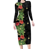 Hawaiian Hibiscus Plumeria Long Sleeve Bodycon Dress Tropical Leaves LT01 Long Dress Black - Polynesian Pride