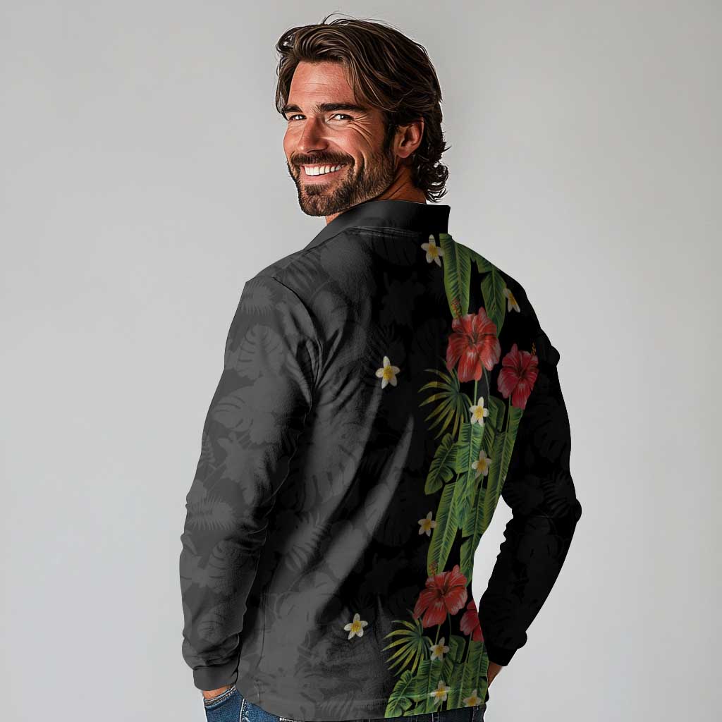 Hawaiian Hibiscus Plumeria Long Sleeve Polo Shirt Tropical Leaves LT01 - Polynesian Pride