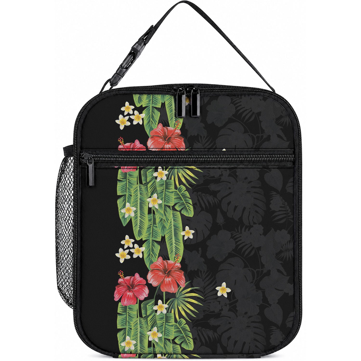 Hawaiian Hibiscus Plumeria Lunch Bag Tropical Leaves LT01 10.2 × 8.3 × 4.3 inch Black - Polynesian Pride