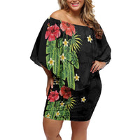 Hawaiian Hibiscus Plumeria Off Shoulder Short Dress Tropical Leaves LT01 Women Black - Polynesian Pride