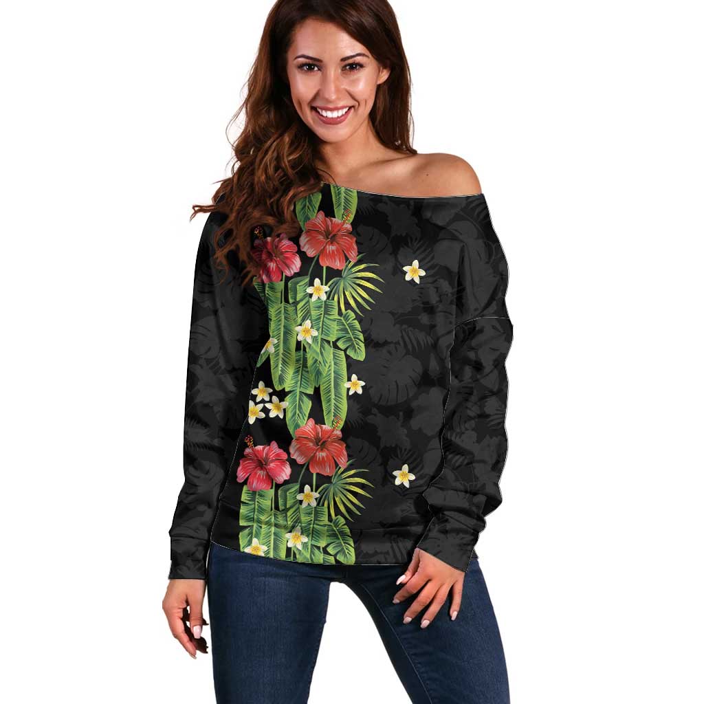 Hawaiian Hibiscus Plumeria Off Shoulder Sweater Tropical Leaves LT01 Women Black - Polynesian Pride