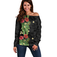 Hawaiian Hibiscus Plumeria Off Shoulder Sweater Tropical Leaves LT01 Women Black - Polynesian Pride