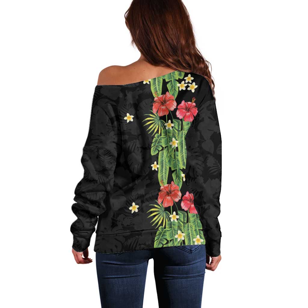 Hawaiian Hibiscus Plumeria Off Shoulder Sweater Tropical Leaves LT01 - Polynesian Pride