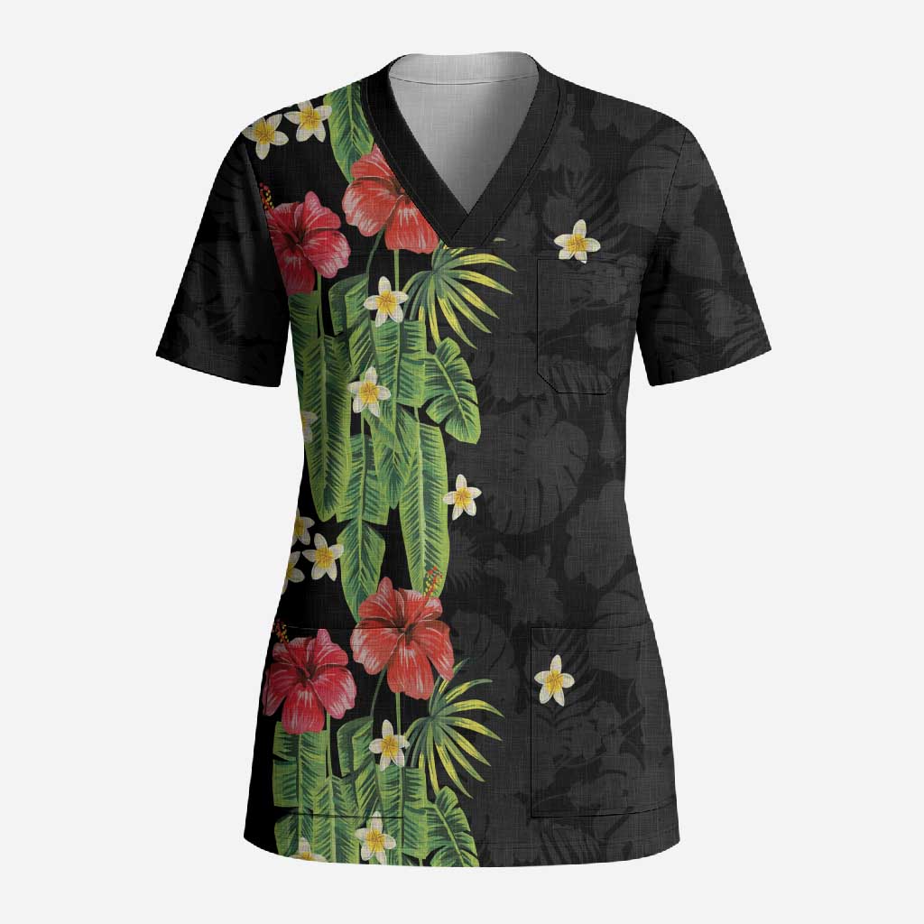 Hawaiian Hibiscus Plumeria Scrub Top Tropical Leaves LT01 Adult Black - Polynesian Pride
