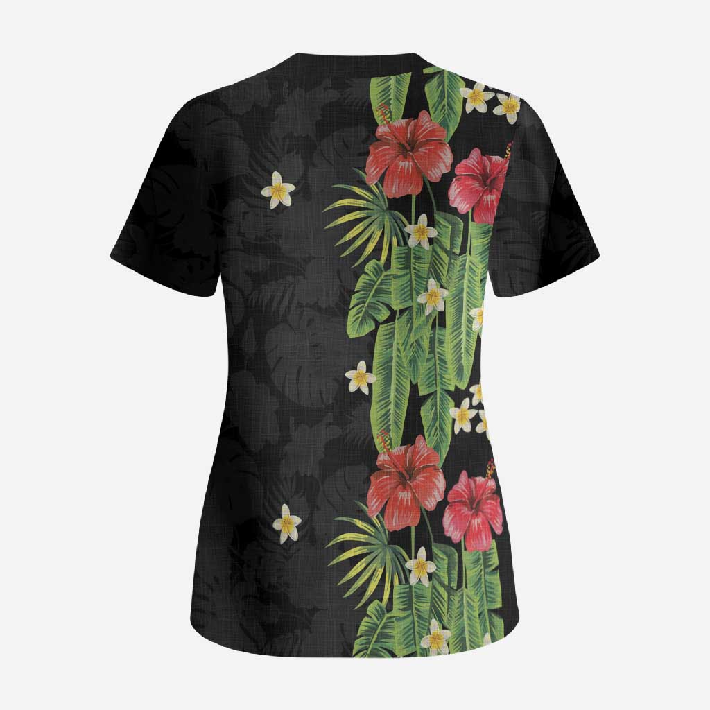 Hawaiian Hibiscus Plumeria Scrub Top Tropical Leaves LT01 - Polynesian Pride