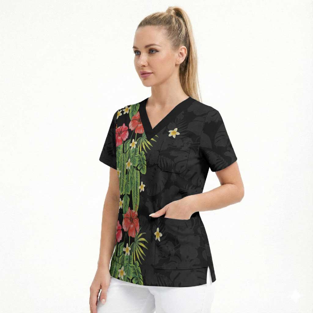 Hawaiian Hibiscus Plumeria Scrub Top Tropical Leaves LT01 - Polynesian Pride
