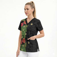 Hawaiian Hibiscus Plumeria Scrub Top Tropical Leaves LT01 - Polynesian Pride