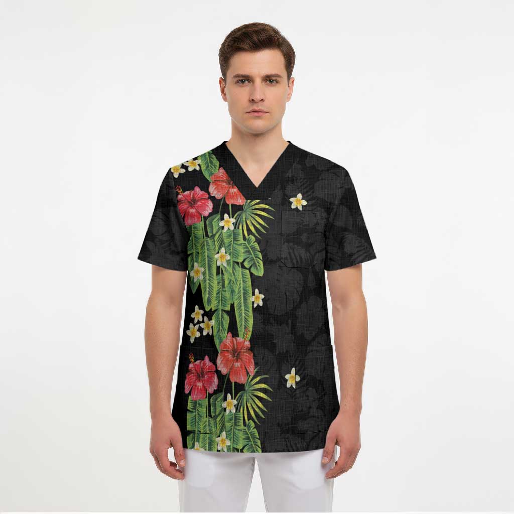 Hawaiian Hibiscus Plumeria Scrub Top Tropical Leaves LT01 - Polynesian Pride