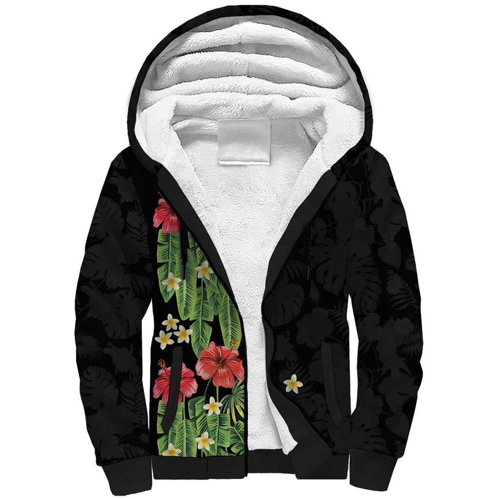 Hawaiian Hibiscus Plumeria Sherpa Hoodie Tropical Leaves