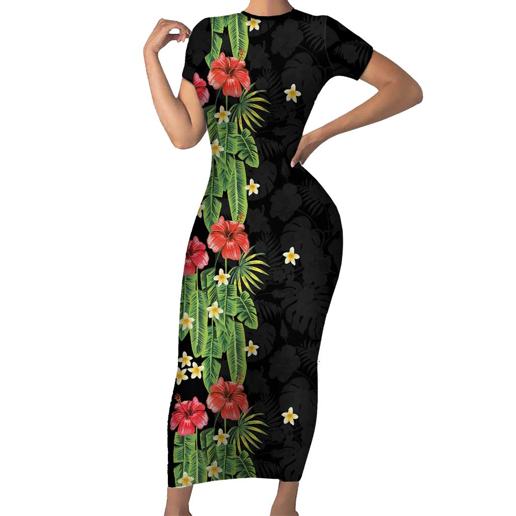 Hawaiian Hibiscus Plumeria Short Sleeve Bodycon Dress Tropical Leaves