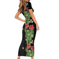 Hawaiian Hibiscus Plumeria Short Sleeve Bodycon Dress Tropical Leaves