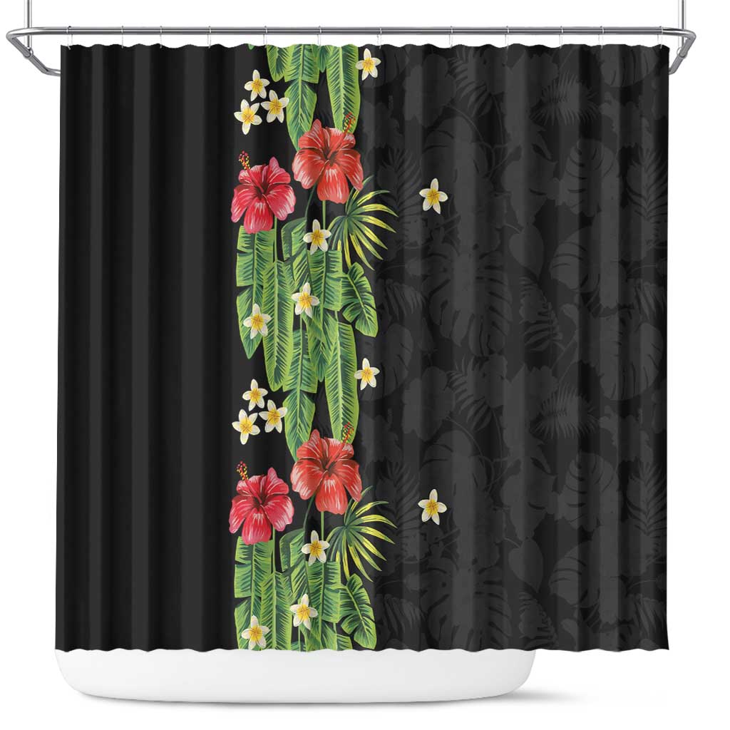 Hawaiian Hibiscus Plumeria Shower Curtain Tropical Leaves LT01 Black - Polynesian Pride
