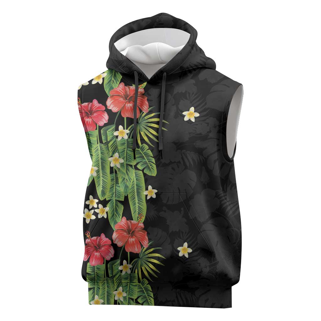 Hawaiian Hibiscus Plumeria Sleeveless Hoodie Tropical Leaves
