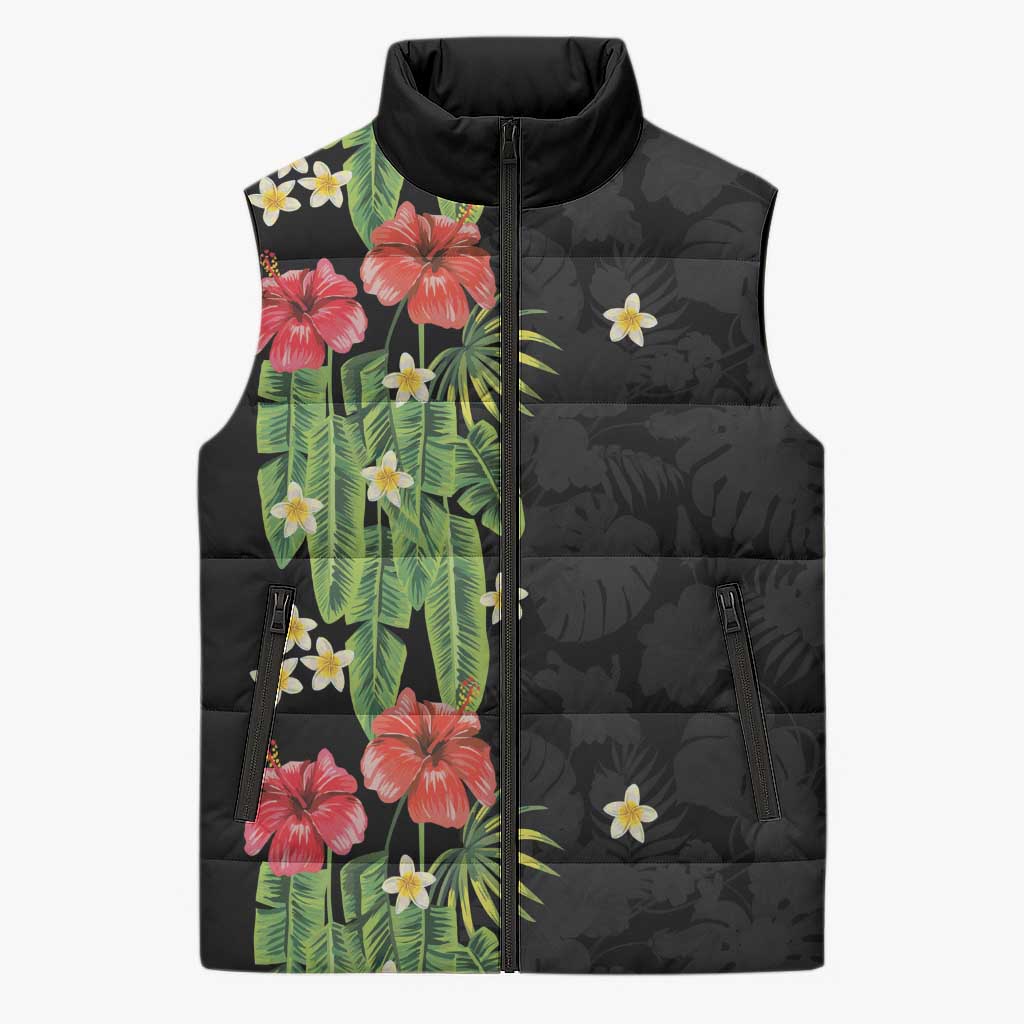 Hawaiian Hibiscus Plumeria Sleeveless Puffer Jacket Tropical Leaves LT01 Unisex Black - Polynesian Pride