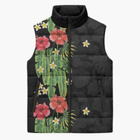 Hawaiian Hibiscus Plumeria Sleeveless Puffer Jacket Tropical Leaves LT01 Unisex Black - Polynesian Pride