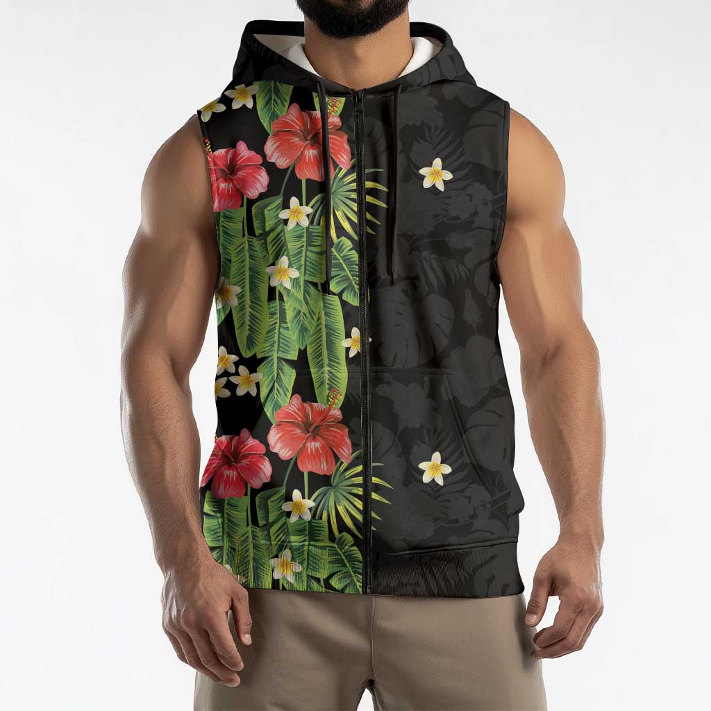 Hawaiian Hibiscus Plumeria Sleeveless Zip Hoodie Tropical Leaves LT01 - Polynesian Pride