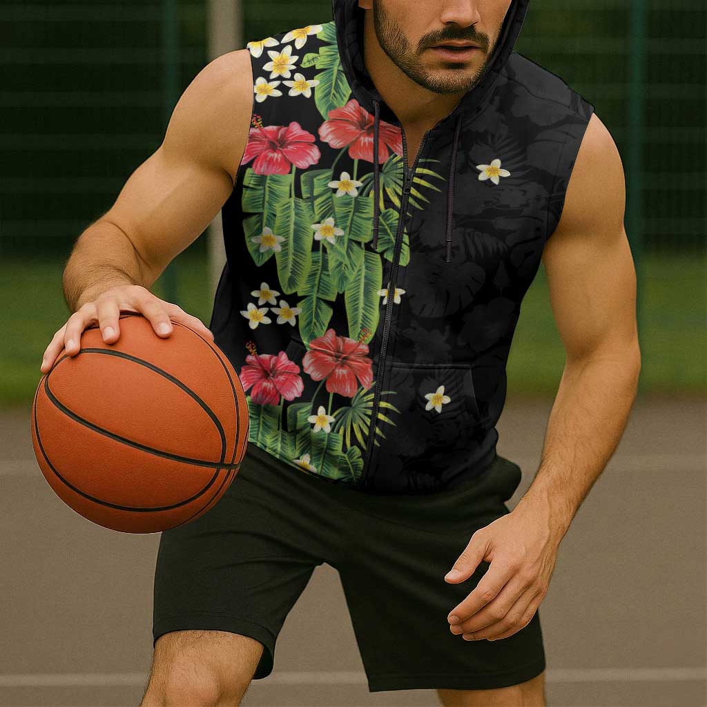 Hawaiian Hibiscus Plumeria Sleeveless Zip Hoodie Tropical Leaves LT01 - Polynesian Pride
