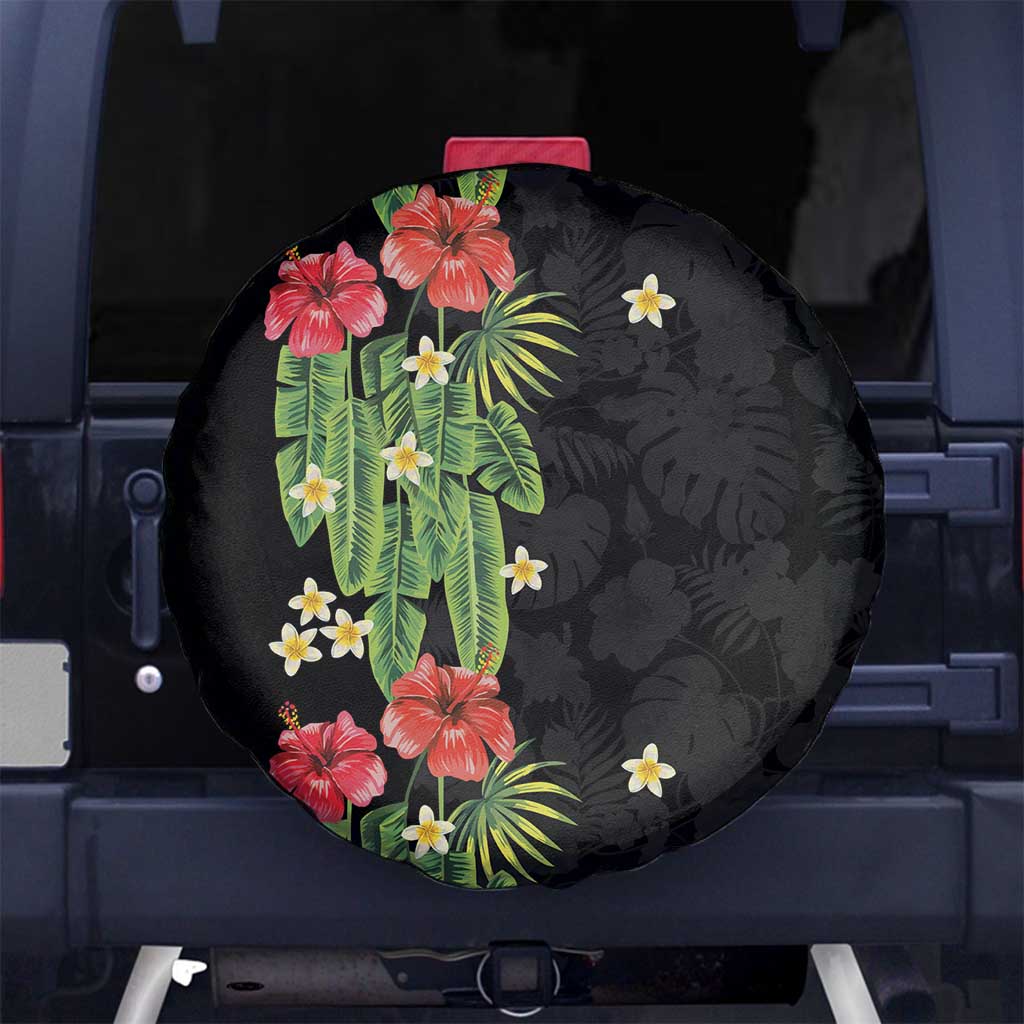Hawaiian Hibiscus Plumeria Spare Tire Cover Tropical Leaves LT01 No hole Black - Polynesian Pride