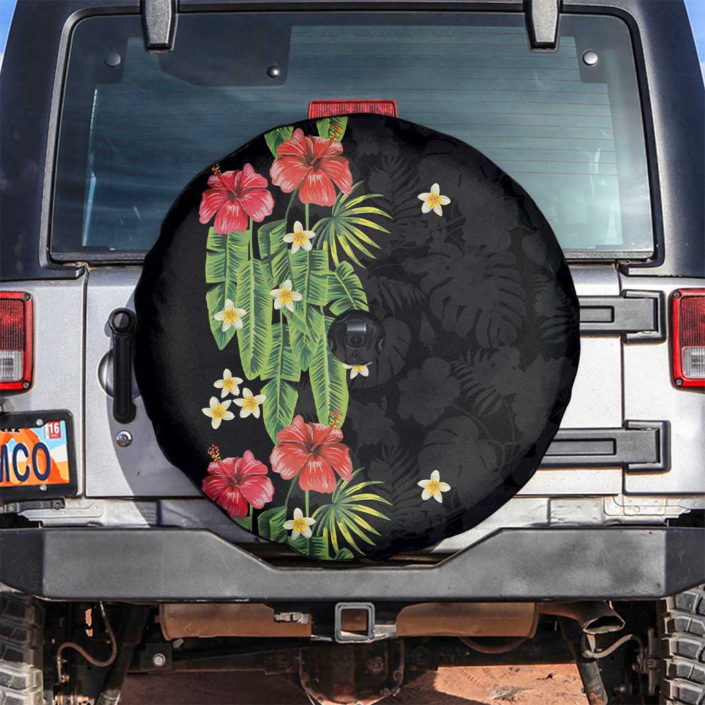 Hawaiian Hibiscus Plumeria Spare Tire Cover Tropical Leaves LT01 Black - Polynesian Pride