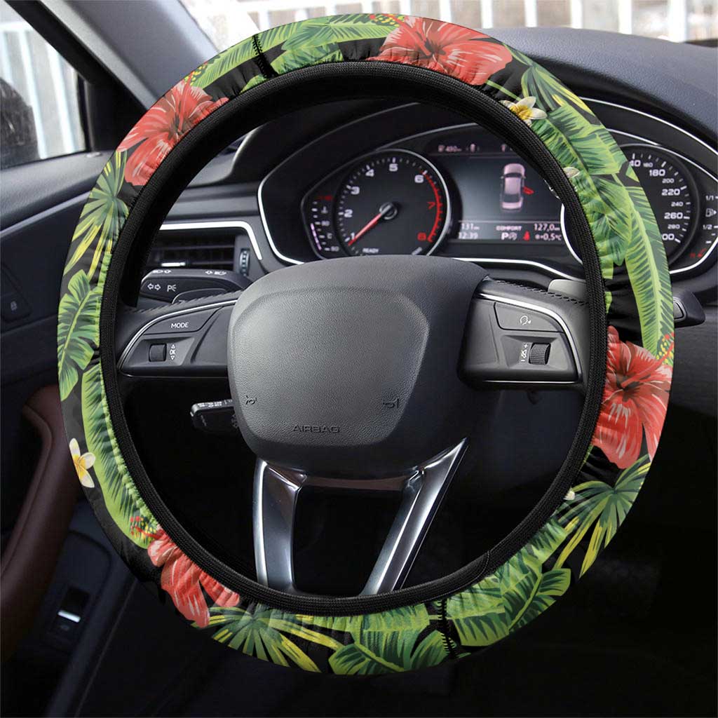 Hawaiian Hibiscus Plumeria Steering Wheel Cover Tropical Leaves LT01 - Polynesian Pride