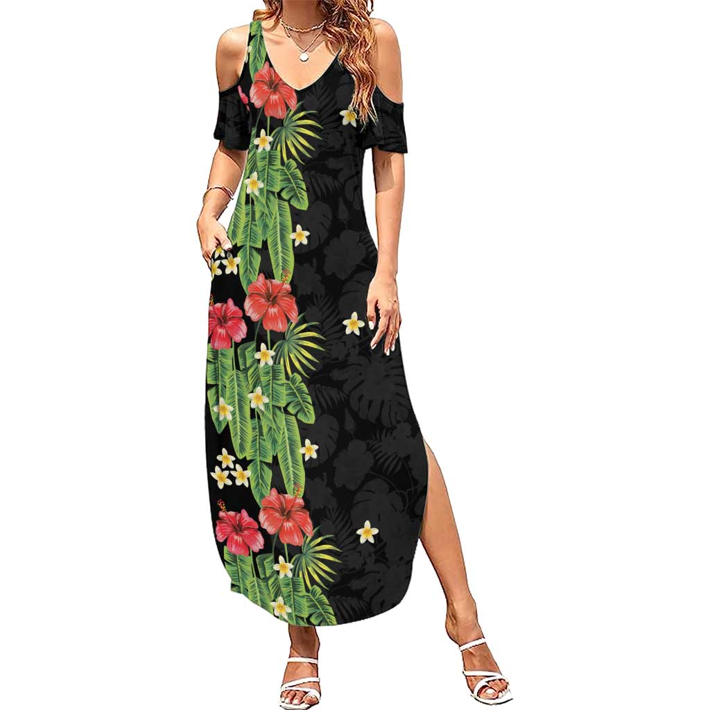 Hawaiian Hibiscus Plumeria Summer Maxi Dress Tropical Leaves LT01 Women Black - Polynesian Pride