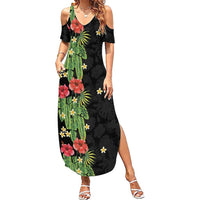 Hawaiian Hibiscus Plumeria Summer Maxi Dress Tropical Leaves LT01 Women Black - Polynesian Pride