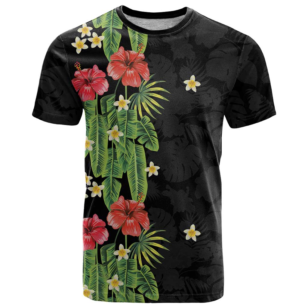 Hawaiian Hibiscus Plumeria T Shirt Tropical Leaves LT01 Black - Polynesian Pride