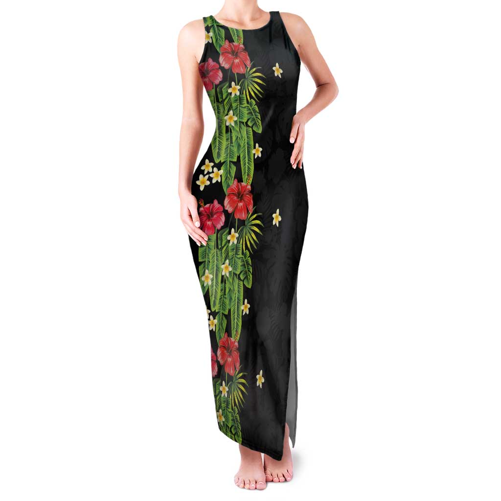Hawaiian Hibiscus Plumeria Tank Maxi Dress Tropical Leaves