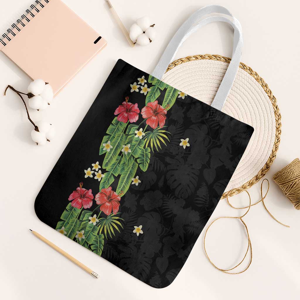 Hawaiian Hibiscus Plumeria Tote Bag Tropical Leaves LT01 White Strap One Size Black - Polynesian Pride