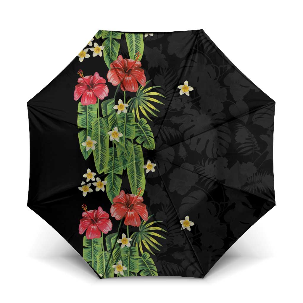 Hawaiian Hibiscus Plumeria Umbrella Tropical Leaves LT01 One Size Folded 11.42 inch Opened Diameter 37.4 inch Black - Polynesian Pride