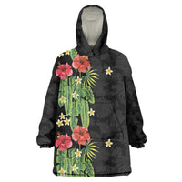 Hawaiian Hibiscus Plumeria Wearable Blanket Hoodie Tropical Leaves LT01 One Size Black - Polynesian Pride