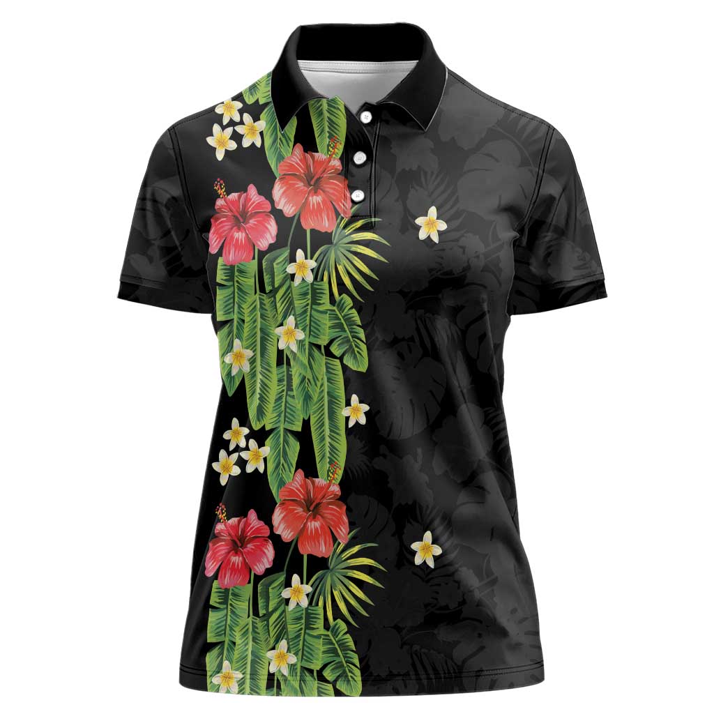 Hawaiian Hibiscus Plumeria Women Polo Shirt Tropical Leaves LT01 Female Black - Polynesian Pride