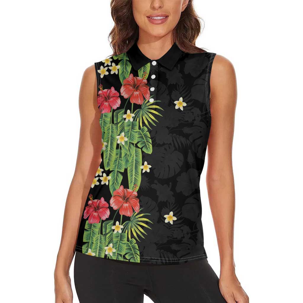Hawaiian Hibiscus Plumeria Women Sleeveless Polo Shirt Tropical Leaves LT01 - Polynesian Pride